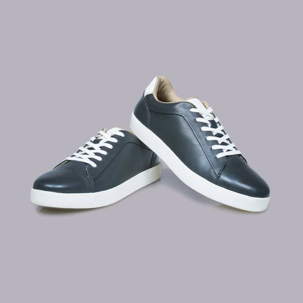 DORIAN - Navy Blue Leather Sneaker with White Laces