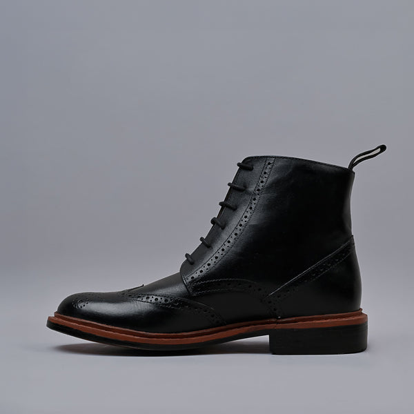 CRESTON - Black Genuine Leather Classic Brogue Boots