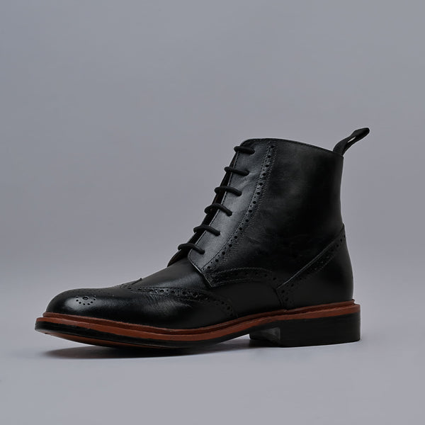 CRESTON - Black Genuine Leather Classic Brogue Boots