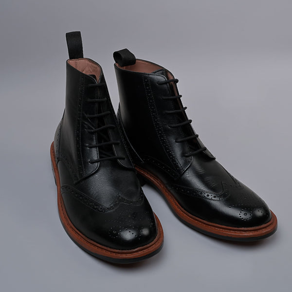 CRESTON - Black Genuine Leather Classic Brogue Boots