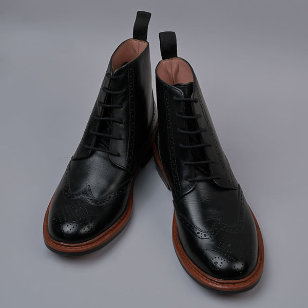 CRESTON - Black Genuine Leather Classic Brogue Boots