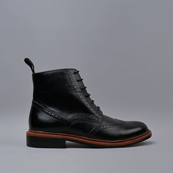 CRESTON - Black Genuine Leather Classic Brogue Boots