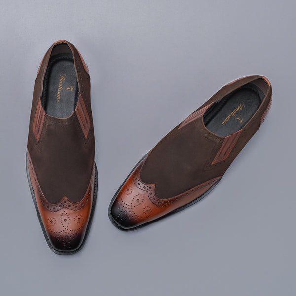 DERRION - Brown Suede and  Genuine Leather Slip-ons