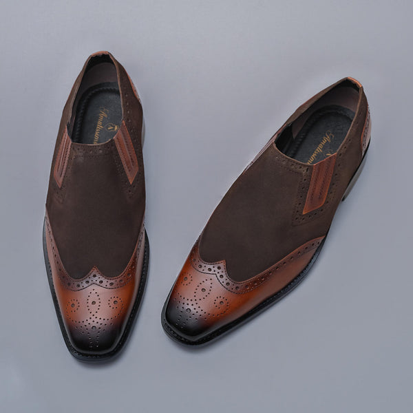 DERRION - Brown Suede and  Genuine Leather Slip-ons